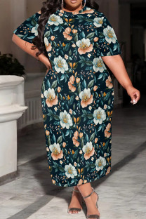 Green White Casual Print Patchwork O Neck Long Plus Size Dresses