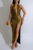 Gold Sexy Hot Solid Color Backless Slit Halter Long Dresses