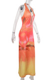 Orange Elegant Print Hollow Out Patchwork Halter Long Dresses