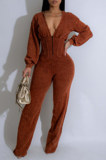 Brown Casual Solid Color Zipper Hooded Fitted Jumpsuits