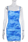 Blue Sexy Print Patchwork Backless Spaghetti Strap Sling Dresses