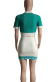 Colour Casual Patchwork Contrast O Neck Short Sleeve Two Pieces