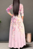 Blue Elegant Floral Print Gradient Lace Up Contrast V Neck Printed Dresses