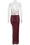 Burgundy Elegant Stripe Patchwork High Slit Cross Straps Asymmetrical Collar Long Dresses