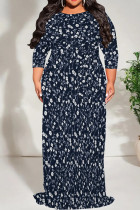 Tibetan Blue Casual Print Patchwork Strap Design O Neck Long Plus Size Dresses