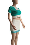 Colour Casual Patchwork Contrast O Neck Short Sleeve Two Pieces