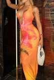 Orange Elegant Print Hollow Out Patchwork Halter Long Dresses
