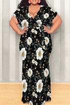Black And White Casual Print Patchwork Strap Design V Neck Long Plus Size Dresses