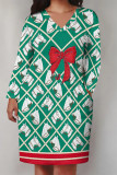Deep Coffee Casual Geometric Print Flowers Pocket Contrast V Neck Printed Plus Size Dresses