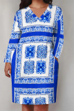 Brown Casual Chain print Newspaper printing Pocket Contrast V Neck Printed Plus Size Dresses