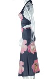 Black Sexy Casual Floral Print Backless Belted Halter Sleeveless Two Pieces