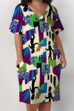 Brown Yellow Casual Geometric Print Poker Pocket Contrast V Neck Printed Plus Size Dresses
