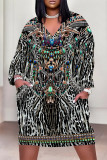 Deep Coffee Casual Geometric Print Flowers Pocket Contrast V Neck Printed Plus Size Dresses