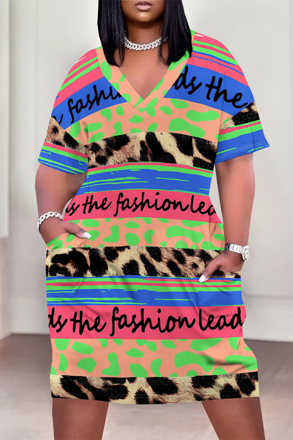 Multicolor Casual Letter Print Flowers Leopard Pocket Contrast V Neck Printed Plus Size Dresses