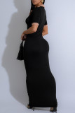 Black Casual Patchwork Contrast Turndown Collar Long Dresses