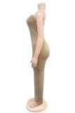 Apricot Sexy Patchwork Hot Drilling Backless Slit Strapless Long Dresses