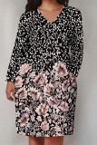Deep Coffee Casual Geometric Print Flowers Pocket Contrast V Neck Printed Plus Size Dresses