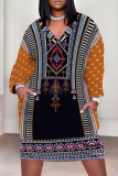 Deep Coffee Casual Geometric Print Flowers Pocket Contrast V Neck Printed Plus Size Dresses