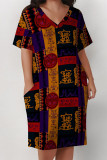 Brown Yellow Casual Geometric Print Poker Pocket Contrast V Neck Printed Plus Size Dresses