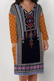 Deep Coffee Casual Geometric Print Flowers Pocket Contrast V Neck Printed Plus Size Dresses