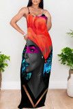 Orange Black Sexy Street Figure Print Pocket Contrast U Neck Printed Dresses