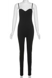 Black Casual Solid Color Patchwork Backless Spaghetti Strap Skinny Jumpsuits
