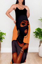 Orange Black Sexy Street Figure Print Pocket Contrast U Neck Printed Dresses