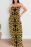Brown Sexy Leopard Print Pocket Contrast U Neck Printed Dresses