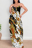 Brown Sexy Leopard Print Pocket Contrast U Neck Printed Dresses