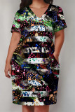 Multicolor Casual Letter Print Flowers Leopard Pocket Contrast V Neck Printed Plus Size Dresses
