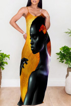 Yellow Sexy Street Figure Print Pocket Contrast U Neck Printed Dresses