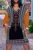 Deep Coffee Casual Geometric Print Flowers Pocket Contrast V Neck Printed Plus Size Dresses