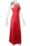 Red Celebrities Solid Color Patchwork Backless High Slit Spaghetti Strap Long Dresses