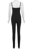 Black Casual Solid Color Patchwork Backless Spaghetti Strap Skinny Jumpsuits