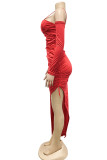 Red Sexy Solid Color Draw String Lace Up Backless Spaghetti Strap Long Dresses