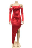 Red Sexy Solid Color Draw String Lace Up Backless Spaghetti Strap Long Dresses