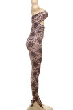 Leopard Print Sexy Print Hollow Out Patchwork Backless Strapless Skinny Jumpsuits