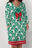 Deep Coffee Casual Geometric Print Flowers Pocket Contrast V Neck Printed Plus Size Dresses