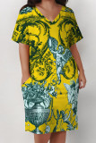 Brown Yellow Casual Geometric Print Poker Pocket Contrast V Neck Printed Plus Size Dresses