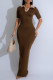 Coffee Casual Patchwork Contrast Turndown Collar Long Dresses