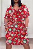 Multicolor Casual Letter Print Flowers Leopard Pocket Contrast V Neck Printed Plus Size Dresses