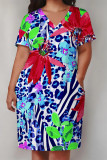 Multicolor Casual Letter Print Flowers Leopard Pocket Contrast V Neck Printed Plus Size Dresses