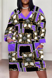 Brown Casual Chain print Newspaper printing Pocket Contrast V Neck Printed Plus Size Dresses