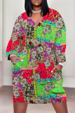 Deep Coffee Casual Geometric Print Flowers Pocket Contrast V Neck Printed Plus Size Dresses