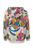 Yellow Casual Geometric Print Flowers Draw String Pocket Hooded Tops