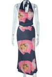 Black Sexy Casual Floral Print Backless Belted Halter Sleeveless Two Pieces
