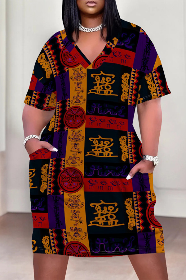 Black Casual Geometric Print Poker Pocket Contrast V Neck Printed Plus Size Dresses