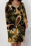 Brown Casual Chain print Newspaper printing Pocket Contrast V Neck Printed Plus Size Dresses