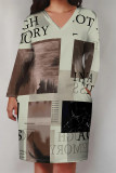 Brown Casual Chain print Newspaper printing Pocket Contrast V Neck Printed Plus Size Dresses
