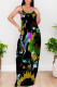 Black Sexy Floral Print Pocket Contrast U Neck Printed Dresses